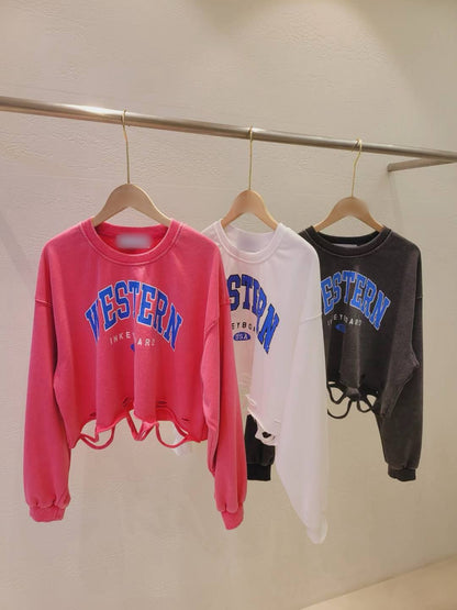 10A107 下擺割線字母短版衛衣