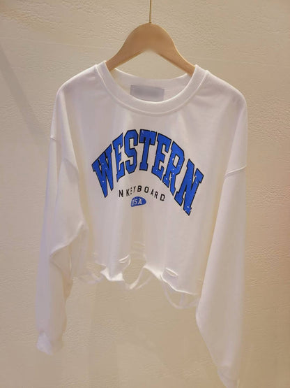 10A107 下擺割線字母短版衛衣