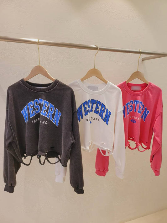 10A107 下擺割線字母短版衛衣