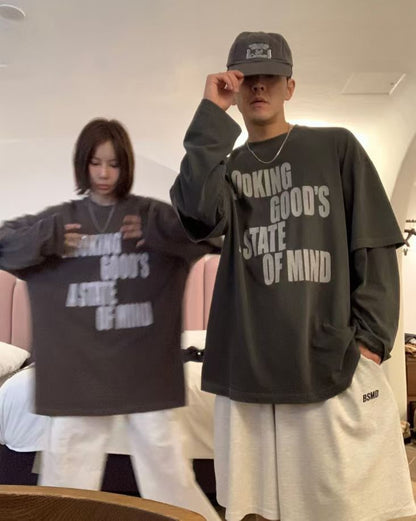 ST4526 假兩件字母水洗寬T