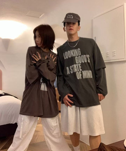 ST4526 假兩件字母水洗寬T