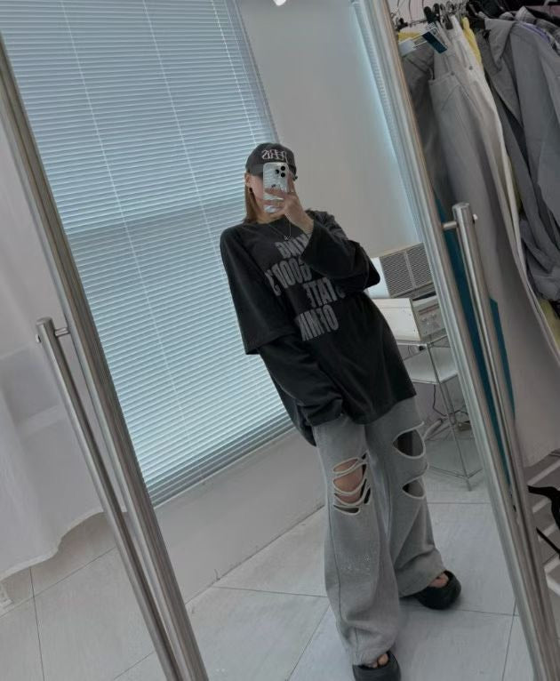 ST4526 假兩件字母水洗寬T