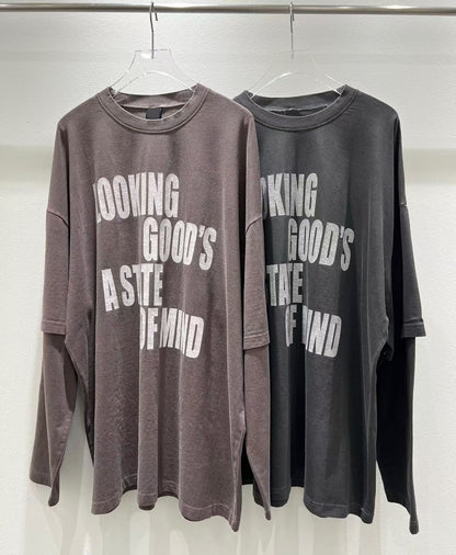 ST4526 假兩件字母水洗寬T