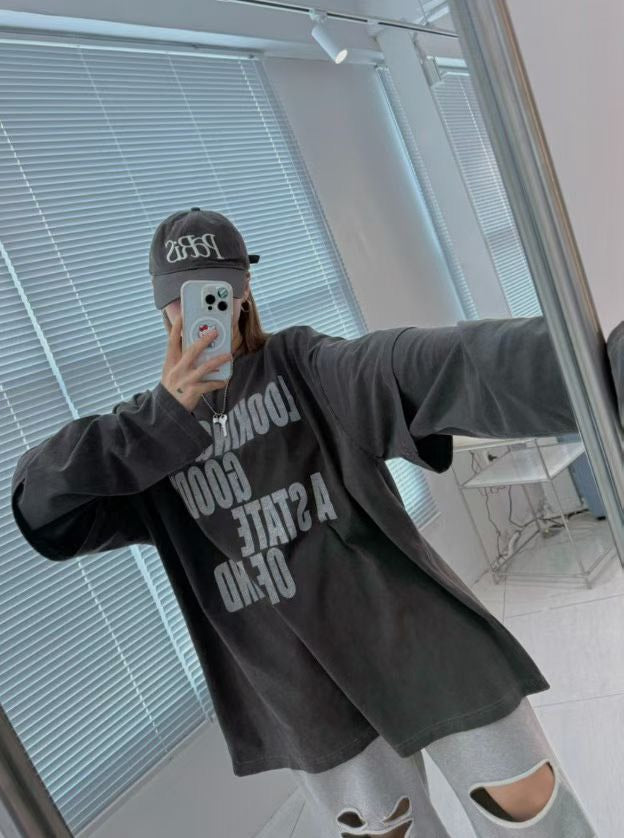 ST4526 假兩件字母水洗寬T