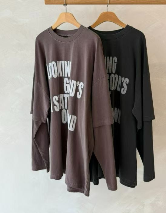 ST4526 假兩件字母水洗寬T