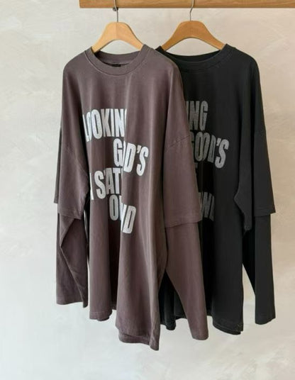 ST4526 假兩件字母水洗寬T