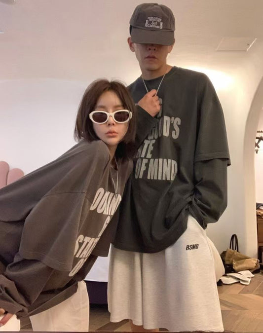 ST4526 假兩件字母水洗寬T