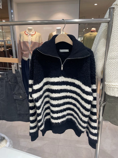 SW661 拉鍊橫條長版毛衣