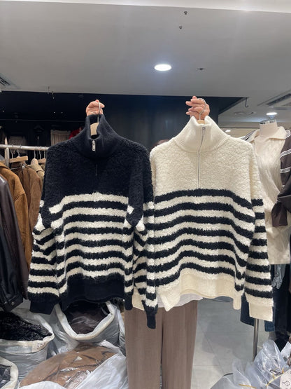 SW661 拉鍊橫條長版毛衣