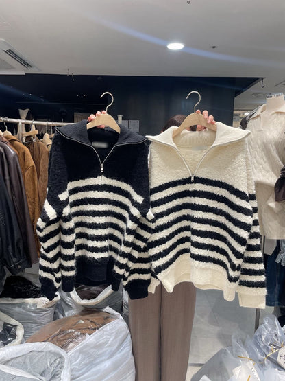 SW661 拉鍊橫條長版毛衣